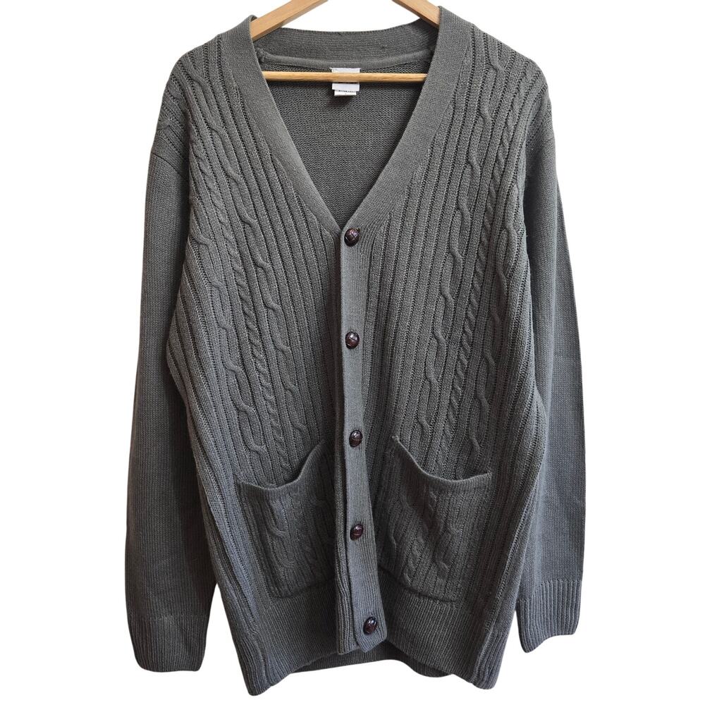 Haband Mens Vintage Grandpa Preppy Fisherman Gray Cable Knit Cardigan Sweater L